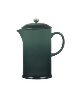 Dark green Le Creuset stoneware French press with steel plunger knob