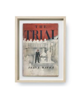 Framed first edition dust jacket art of Franz Kafka's The Trial in red and grey, light wood frame