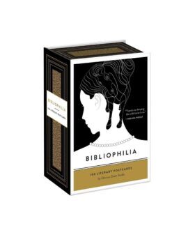 Bibliophilia box of 100 literary postcards with a black and gold illustrated cover