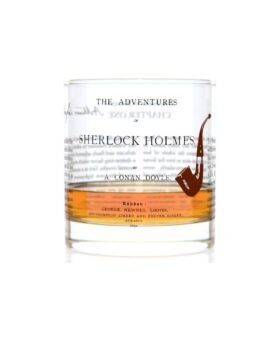 Rocks glass printed with the opening page of The Adventures of Sherlock Holmes and a red pipe