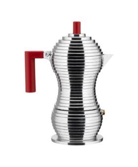 Alessi Pulcina ribbed aluminium stovetop espresso maker with red handle