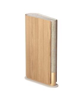 Bang & Olufsen Beosound Emerge speaker in oak with woven fabric front and brass base