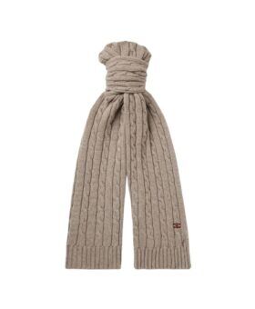 Oatmeal cable-knit cashmere scarf with a small embroidered Celine logo, knotted