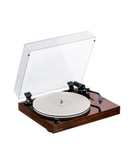 Walnut Fluance RT85 turntable with clear dust cover raised and blue Ortofon cartridge