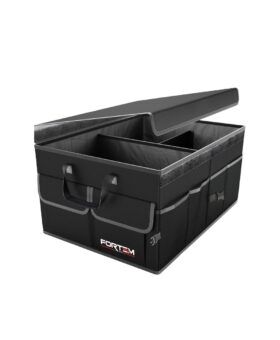 Black Fortem collapsible car trunk organiser with lid, dividers and carry handles