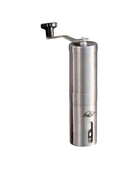 Brushed stainless steel JavaPresse manual coffee grinder with folding hand crank