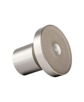 Brushed nickel Jolie filtered shower head, three-quarter view