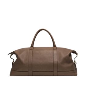 Taupe pebbled leather Leatherology Kessler duffle bag with rolled handles and brass hardware