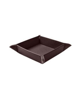 Square dark brown leather valet tray with snap corners, on a white background