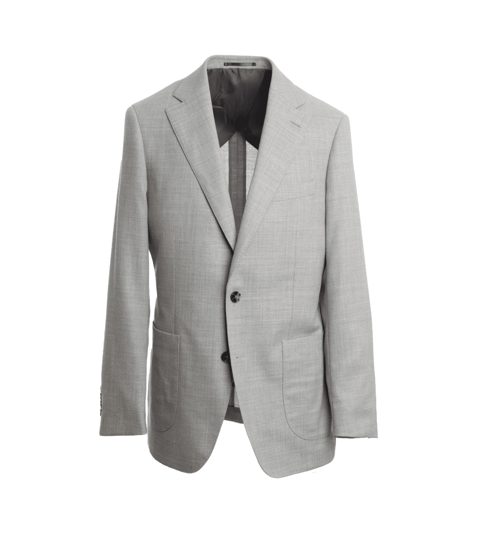 Light grey hopsack sport coat with notch lapels and patch pockets, on a black background