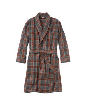 Grey and red Scotch plaid flannel robe with shawl collar and tie belt, flat lay