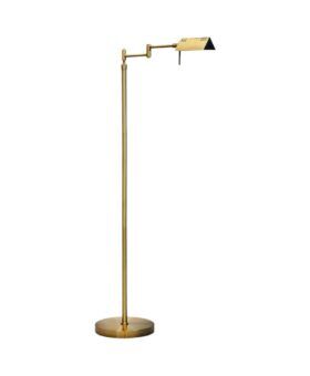 Brass pharmacy floor lamp with adjustable swing arm and angled shade