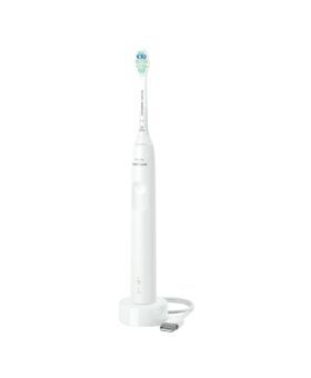 White Philips Sonicare 4100 electric toothbrush with charging base and USB cable