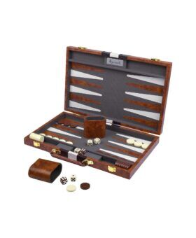 Brown leather backgammon set open to show grey and tan points, checkers and dice