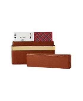 Tan leather Ralph Lauren playing card set with brass trim and two tartan-backed decks