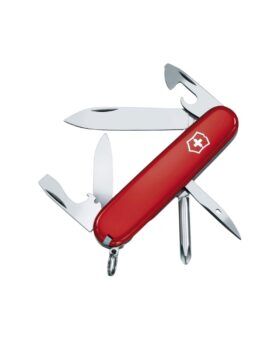 Red Victorinox Swiss Army Tinker pocket knife with blades, screwdriver and can opener fanned open