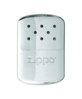 Polished chrome Zippo 12-hour refillable hand warmer with perforated lid, on a white background