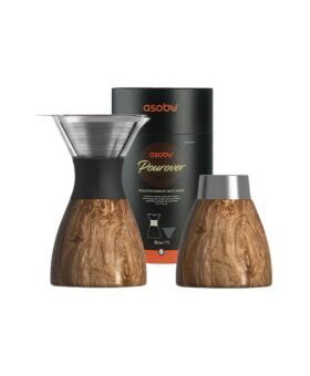 Wood-effect insulated pour over coffee maker with a steel filter and tumbler