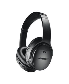 Black Bose QuietComfort 35 over-ear wireless headphones, three-quarter product view