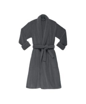 Charcoal grey plush cotton robe with shawl collar, tie belt and patch pockets, flat lay