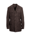 Brown herringbone flannel safari jacket with four flap pockets, on an invisible form