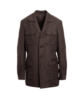 Brown herringbone flannel safari jacket with four flap pockets, on an invisible form