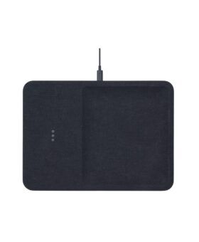 Charcoal linen wireless charging tray with a recessed pad and cable
