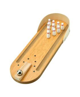 Miniature wooden tabletop bowling lane with white pins and a steel ball