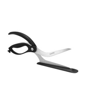 Black-handled pizza scissors with a curved blade and non-stick server