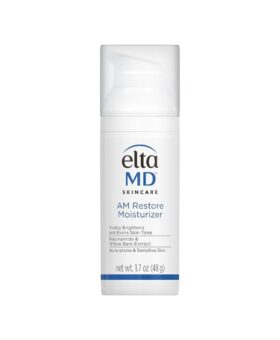 White pump bottle of AM Restore face moisturiser with a blue label