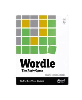 Wordle party game box printed with green, yellow and grey letter tiles