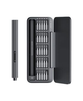 Grey electric precision screwdriver beside a case of bits, angled product view