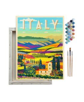 Framed paint-by-number canvas of an Italian landscape with paint pots and brushes