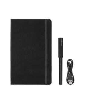 Black hardcover smart notebook beside a matching pen and charging cable