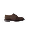 Dark brown suede derby shoe with a leather sole and stacked heel, side product view
