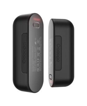 Pair of black rechargeable hand warmers shown front and back, angled view