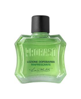 Green glass bottle of refreshing aftershave lotion with a black cap