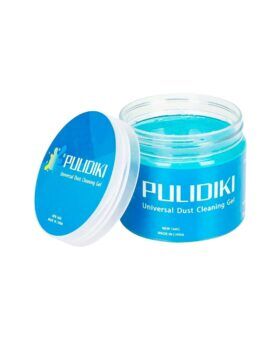 Open jar of blue universal dust cleaning gel with its lid propped alongside