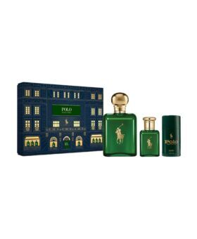 Green Polo fragrance bottles and a deodorant stick beside a printed gift box