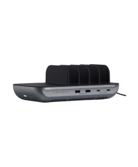 Grey multi-device charging station with four slots and USB ports, angled view