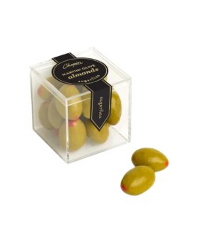 Clear cube box of olive-shaped candied almonds with a black Sugarfina label