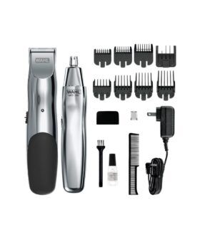 Chrome beard trimmer and nose trimmer with guide combs, comb, oil and charger