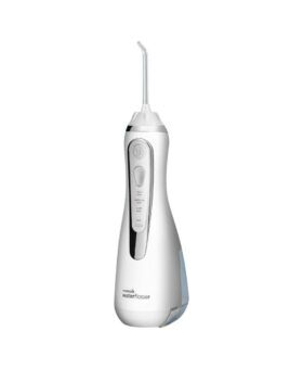 White cordless water flosser with a tapered tip and pressure settings, front view