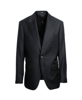 Charcoal grey sharkskin suit jacket with peak lapels and a ticket pocket, on a form