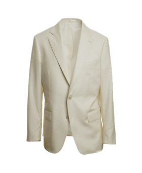 Ivory twill suit jacket with notch lapels and flap pockets, on an invisible form