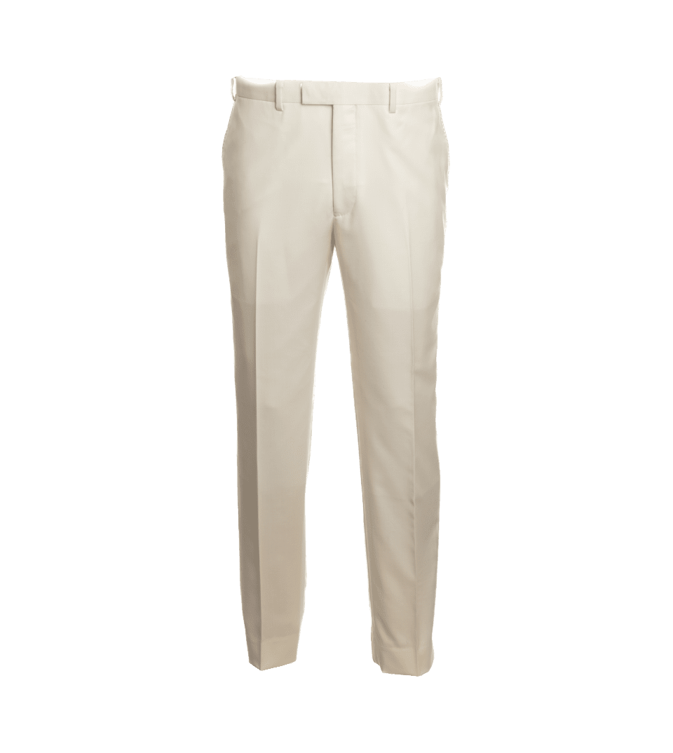 Ivory twill suit trousers with belt loops and a flat front, front product view