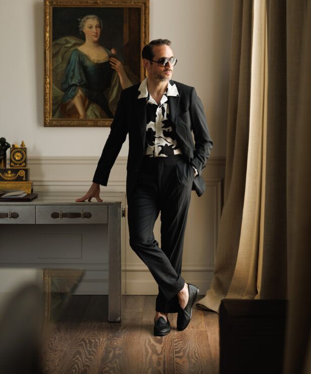Black tropical wool suit with patterned shirt - summer business attire with 1970s collar styling