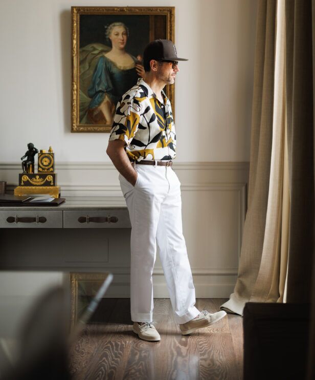Magnum PI inspired camp collar shirt and white trousers look from Pitti Uomo 108