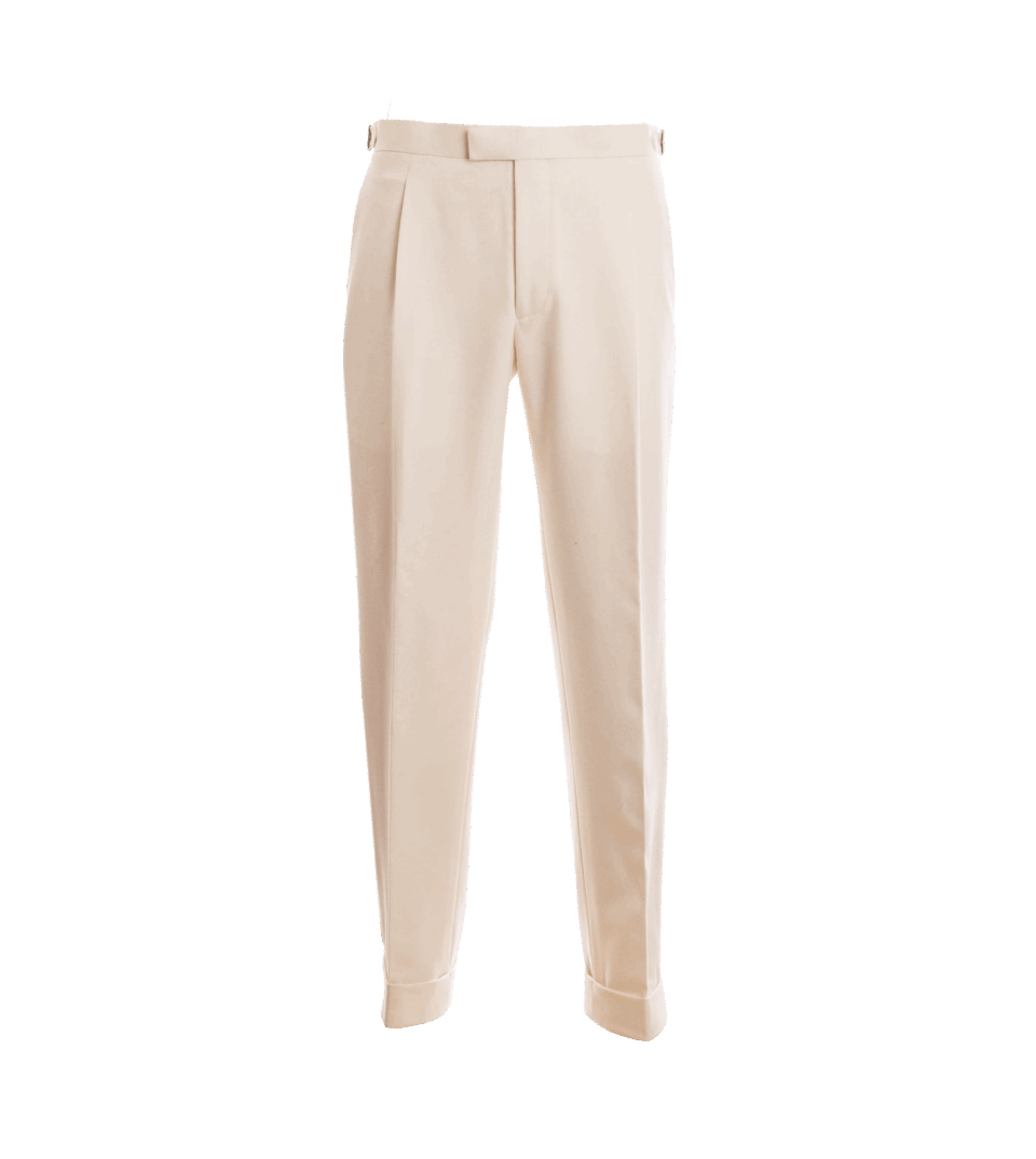 Ivory flannel trousers with double pleats, side tabs and turn-up hems, front product view