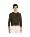 Olive marled cashmere crewneck sweater with cream jeans and brown belt, worn by a model